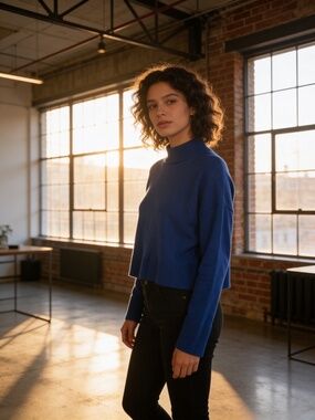 Tahari 100% Extra fine Merino Wool Mock Neck Cropped Sweater